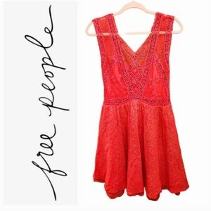 Free People Victoria Red‎ Lace Mesh Sheer Sleeveless Mini Dress Size 4 Small